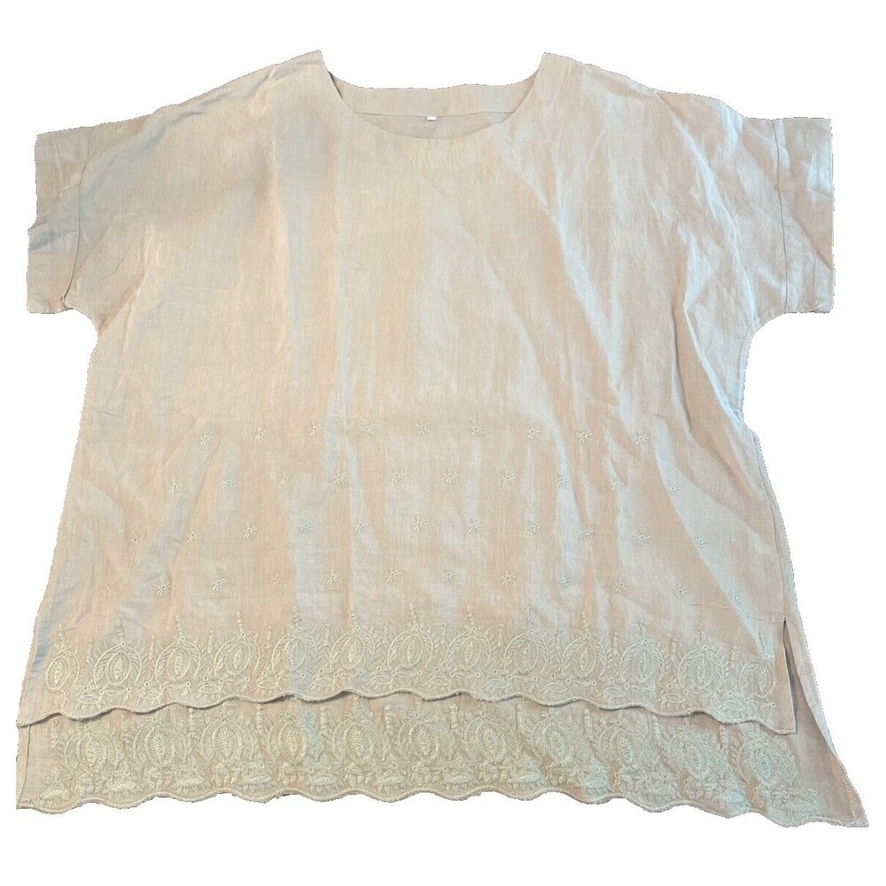 Mini Bee 100% Linen Embroidered Tan Short Sleeve Top Blouse Size XXL Lagenlook
